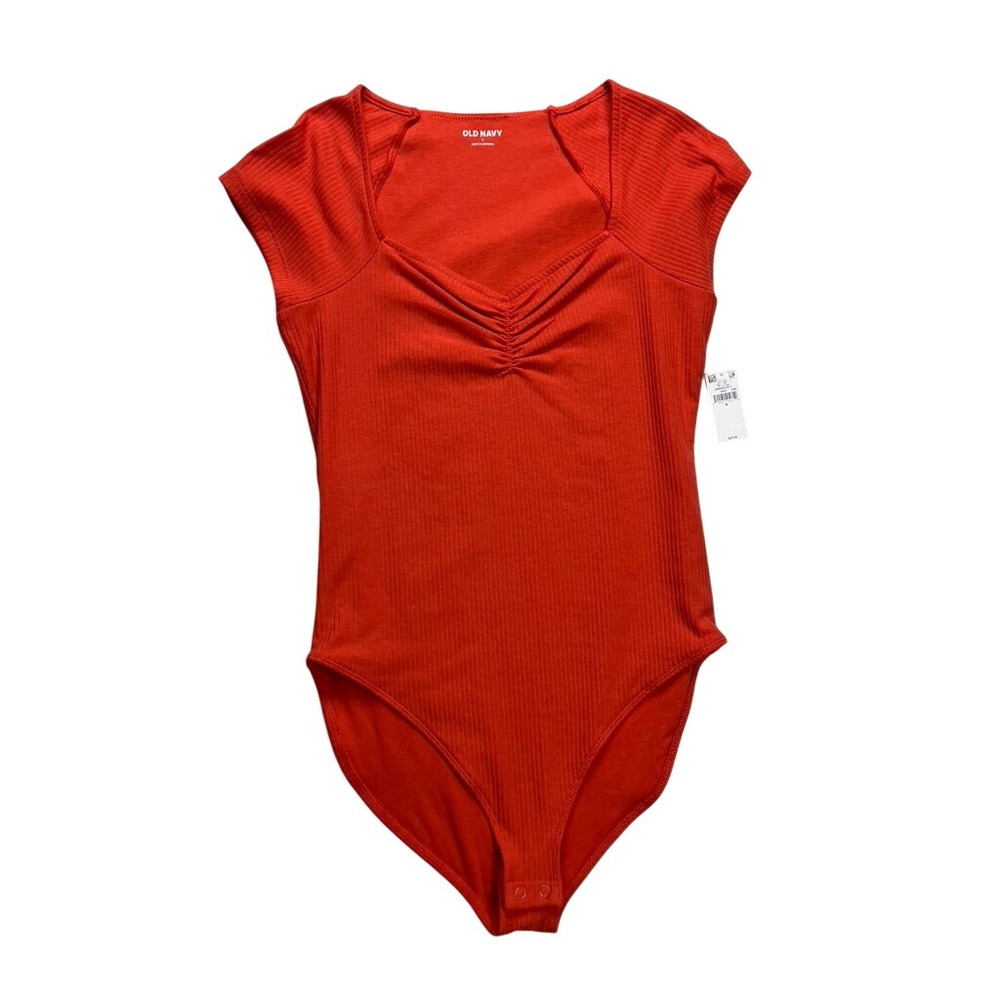 Old Navy Bodysuit Womens Small Red Ribbed Cap Sleeve Ruched Sweetheart Neck NWT